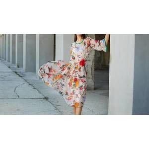 NEW TRICOT CHIC flower printed silk chiffon dress in green red